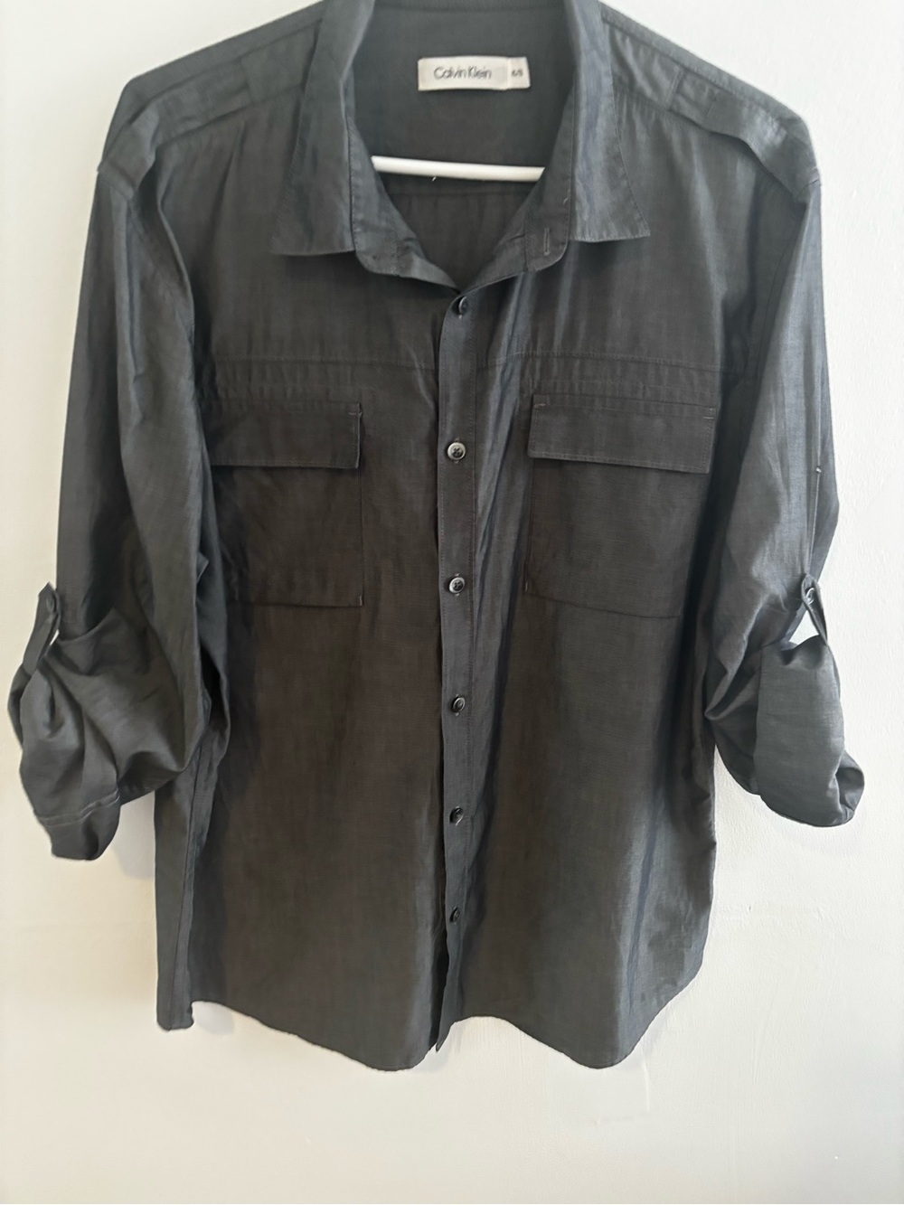 3for $15😍 Calvin Klein Charcoal Cotton Button-Front Utility Shirt